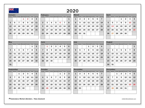 2020 Calendar New Zealand Michel Zbinden En