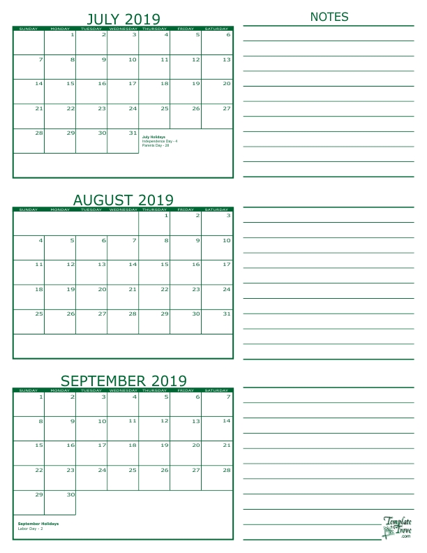 3 Month Calendar 2019 July August September 2019 Calendars In 2019