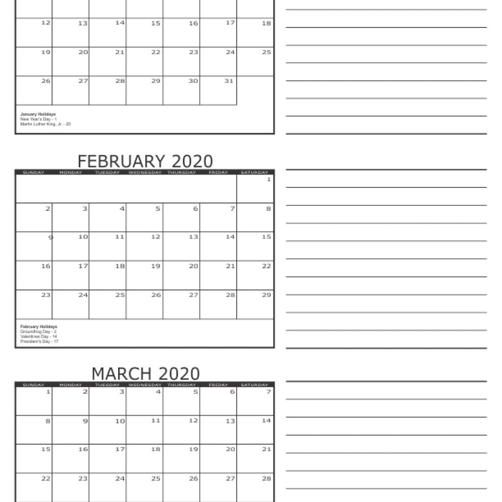 3 Month Calendar 2020