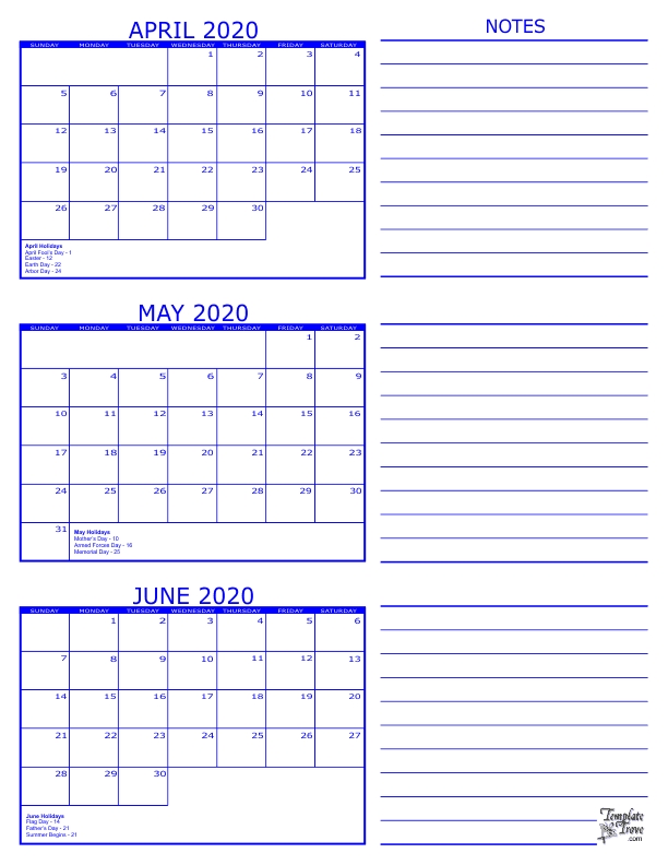 3 Month Calendar 2020