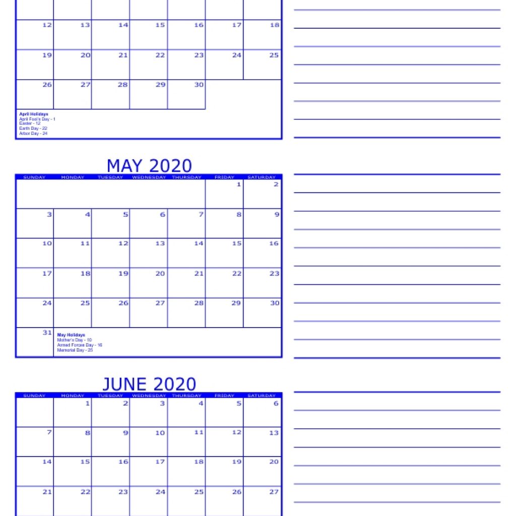 3 Month Calendar 2020