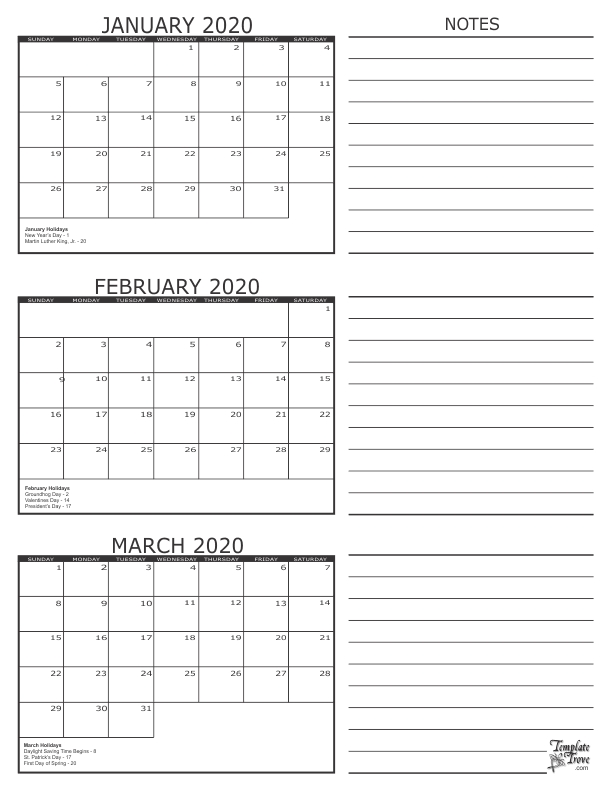 3 Month Calendar 2020