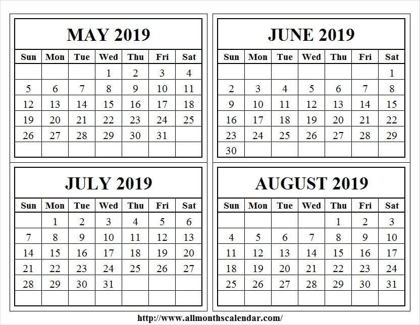 4 Month Calendar May August 2019 Template May 2019 Calendar Events