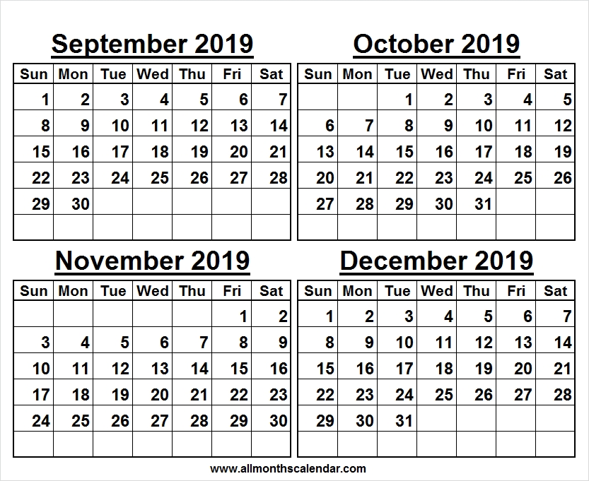 4 Month September To December 2019 Calendar Monthly Calendar