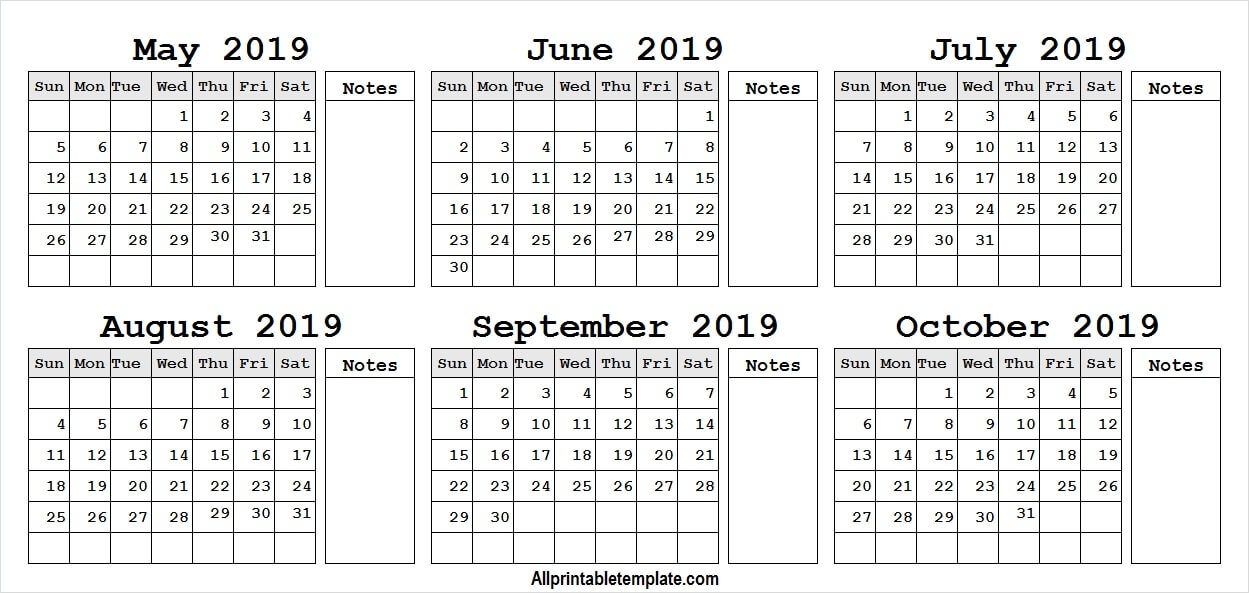 6 Month Calendar May October 2019 Free Calendar 2019 With Lines