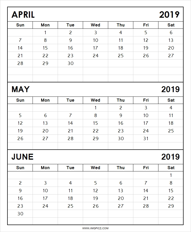 April May June 2019 Calendar Blank April May June 2019calendar