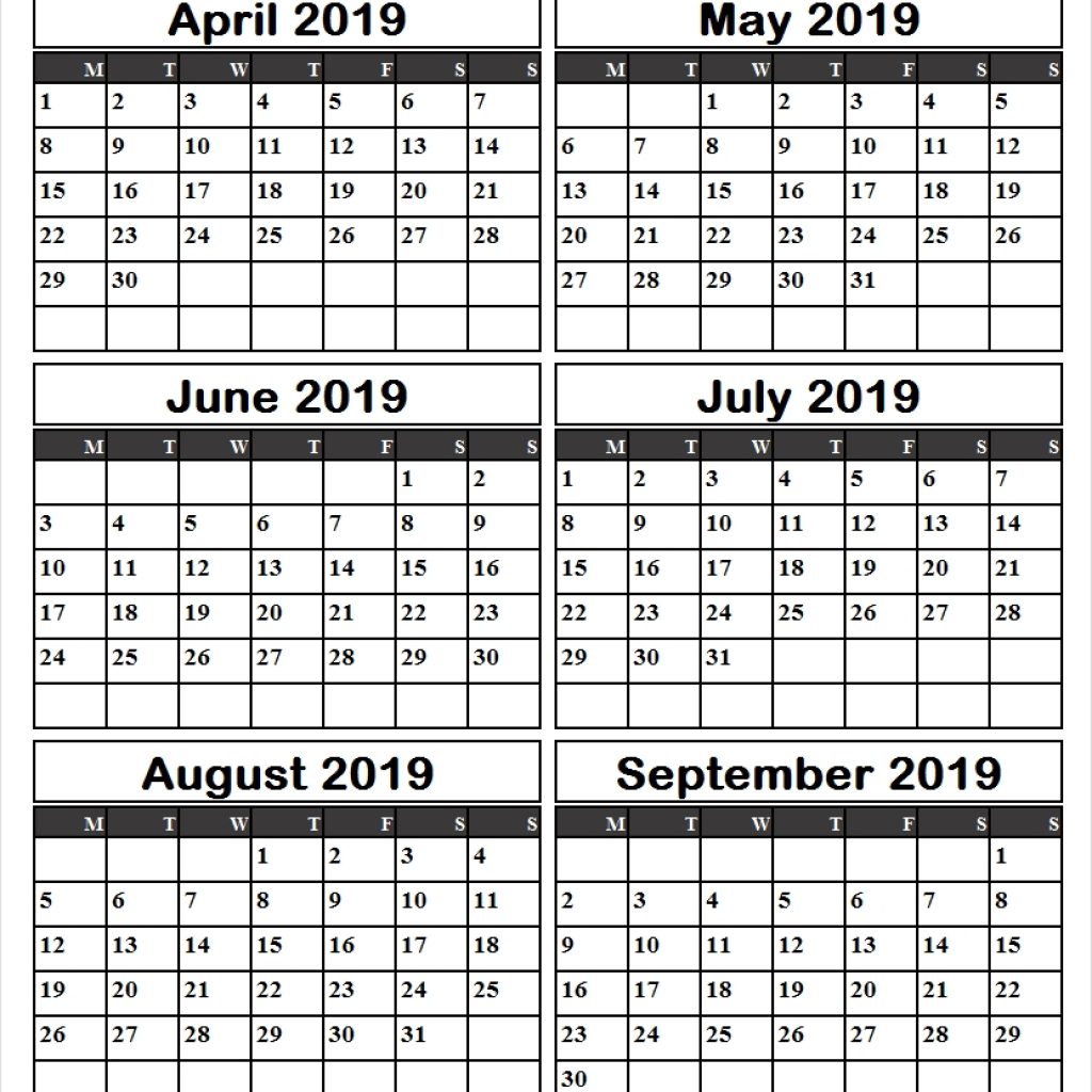 April September Calendar 2019 Printable 6 Month Calendar