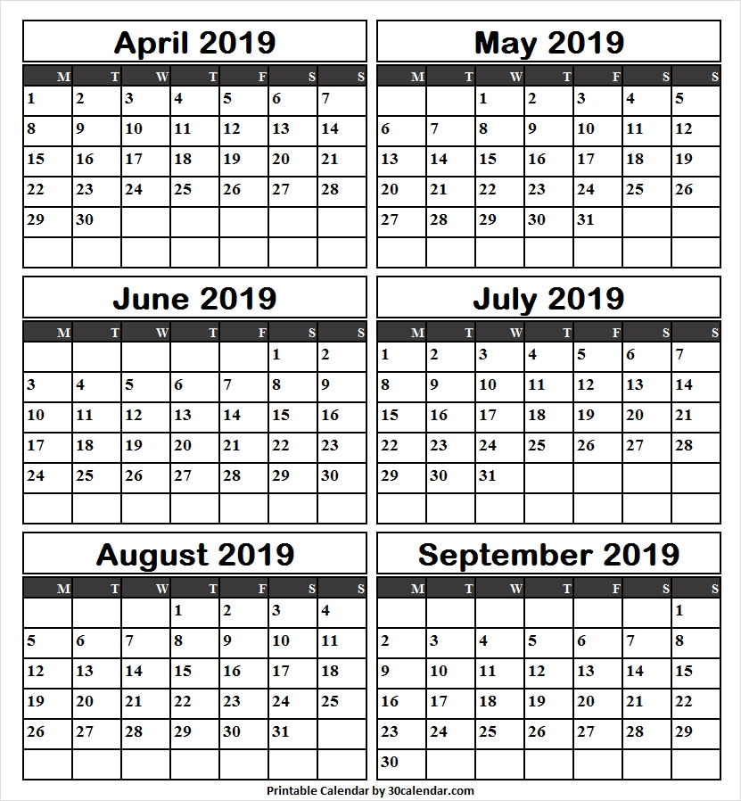 April September Calendar 2019 Printable 6 Month Calendar