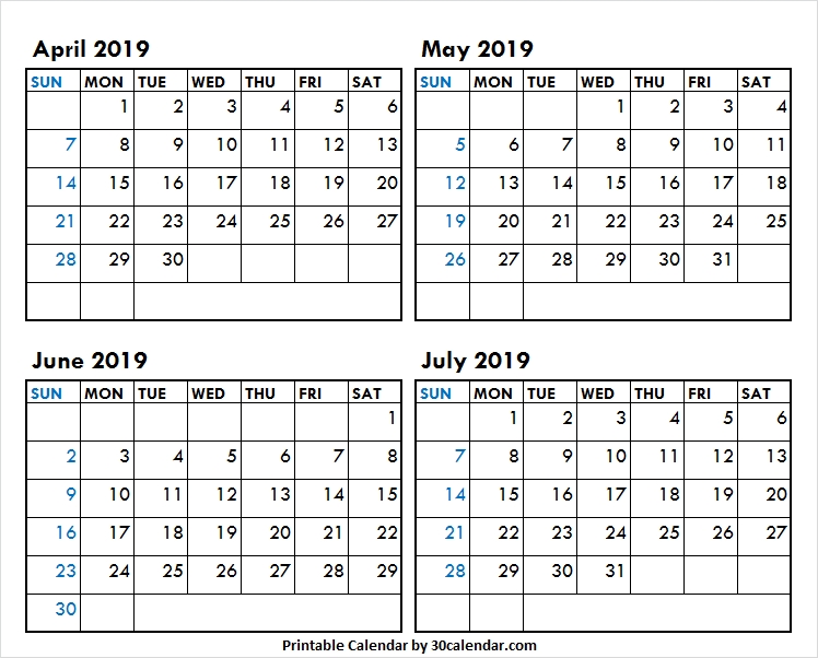 April To July 2019 Four Month Calendar 4 Months Printable Template