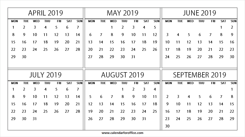 April To September 2019 Blank Calendar Six Month 2019 Calendar