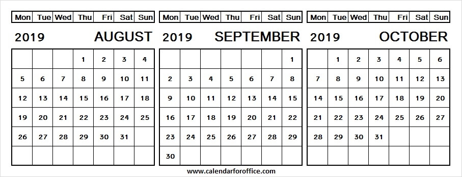 Aug Sep Oct 2019 Calendar Word Three Month Calendar