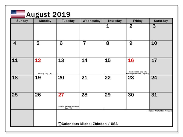 August 2019 Calendar Usa Michel Zbinden En