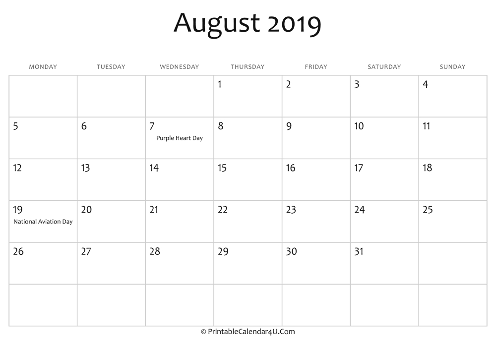 August 2019 Editable Calendar With Holidays