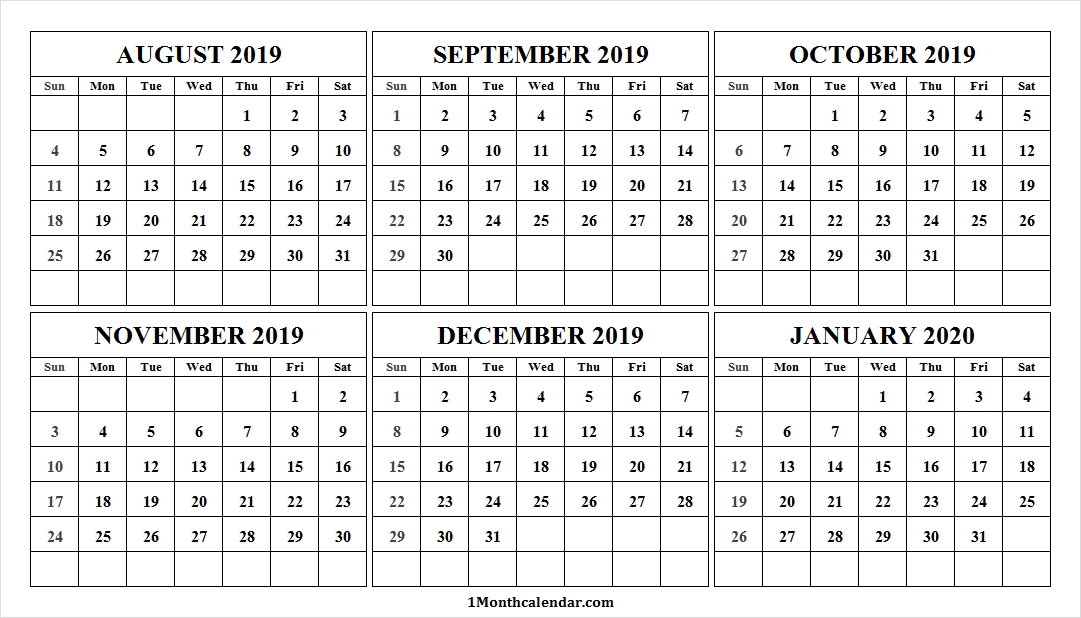 August 2019 To January 2020 Printable Calendar 2019 Monthly