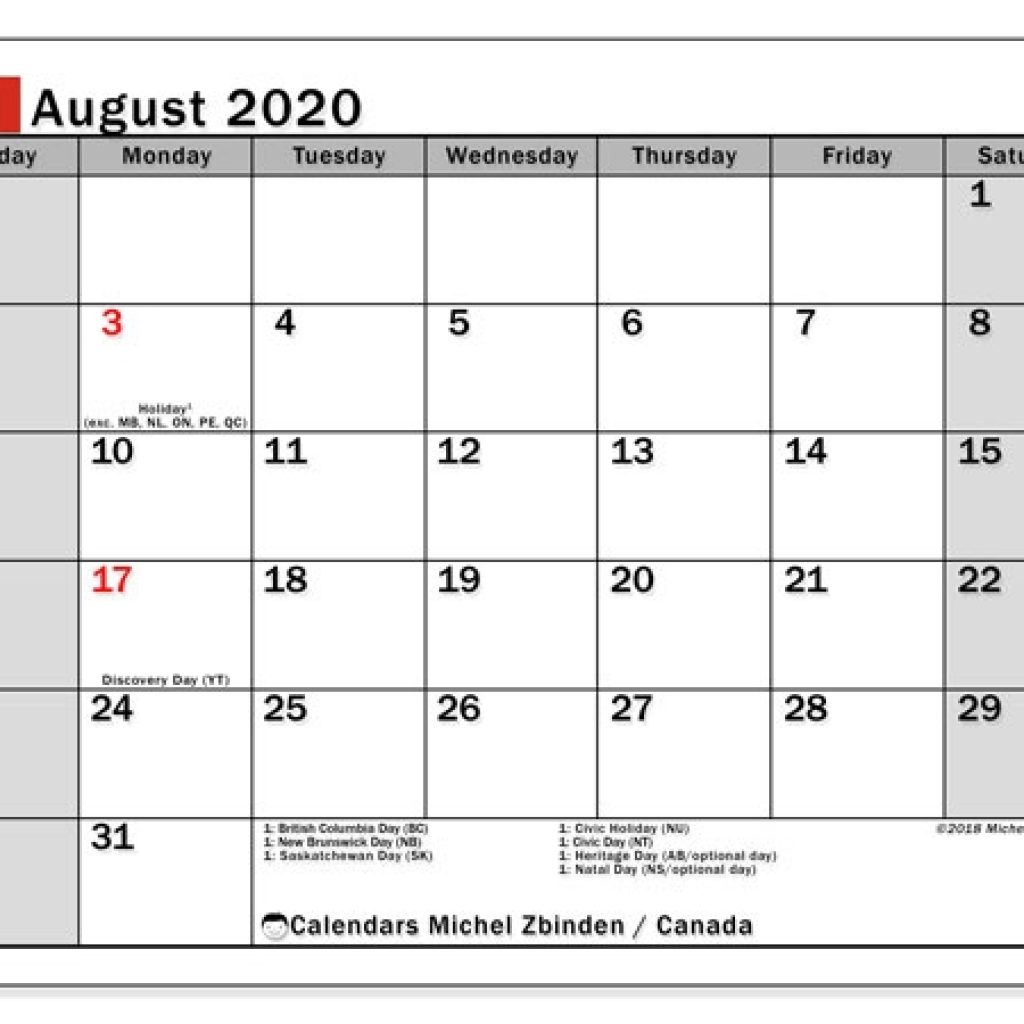 August 2020 Calendar Canada Michel Zbinden En