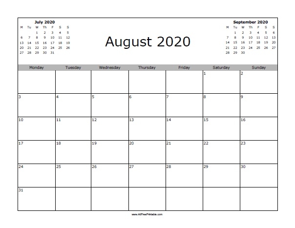 August 2020 Calendar Free Printable Allfreeprintable