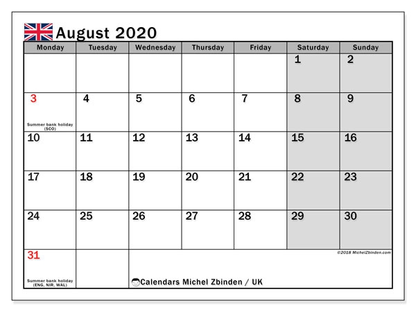 August 2020 Calendar Uk Michel Zbinden En