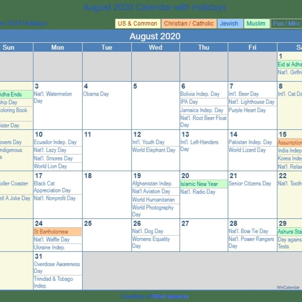 August 2020 Calendar With Holidays United States