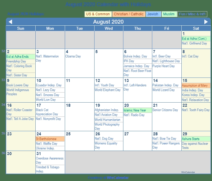 August 2020 Calendar With Holidays United States