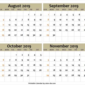 August November 2019 Calendar Template Four Monthly Calendar