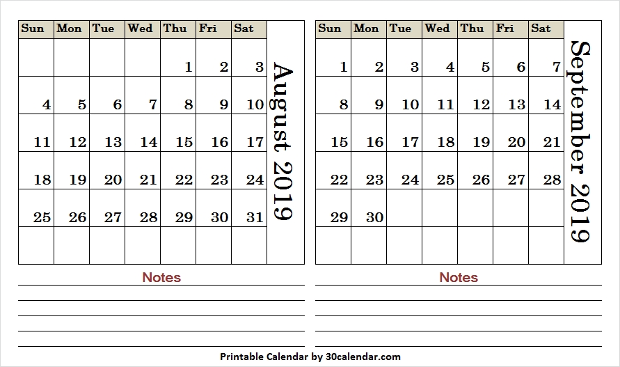 August September 2019 Printable Calendar Blank Calendar