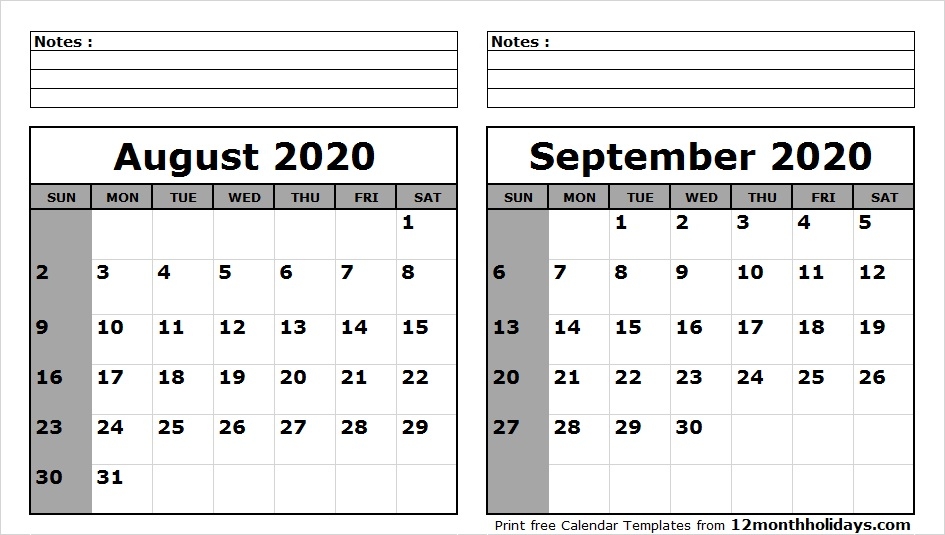 August September 2020 Calendar Printable All 12 Month Calendar