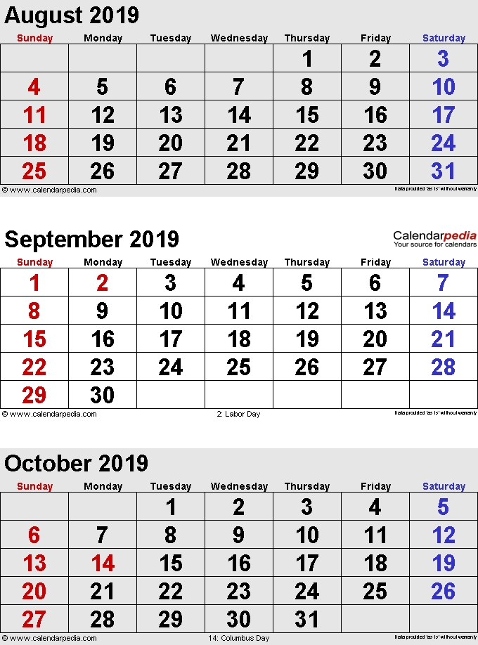 August September October 2019 Calendar 3 Months Printable Templates