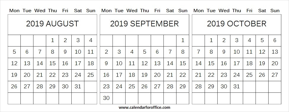 August September October 2019 Calendar Pdf Printable Template