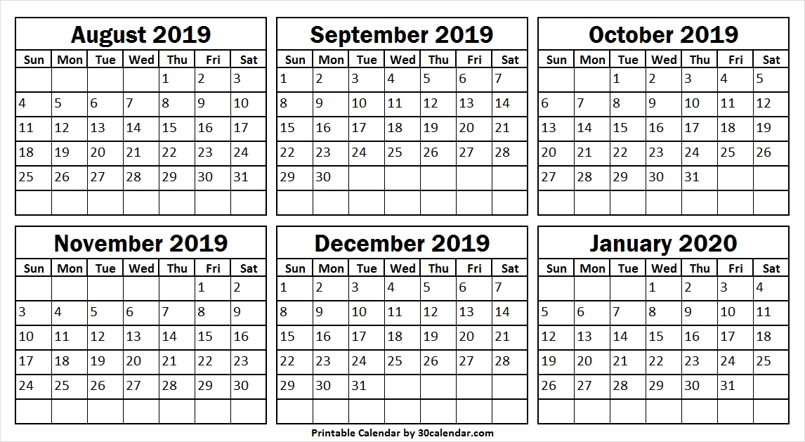 August To January 2020 Printable Calendar Cute Calendar