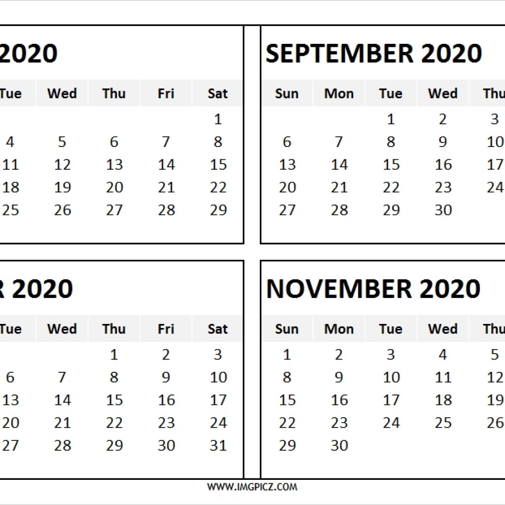 August To November 2020 Calendar Printable 4 Months 2020 Calendar