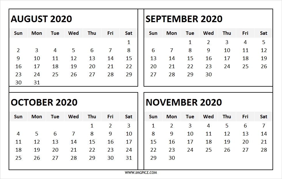 August To November 2020 Calendar Printable 4 Months 2020 Calendar