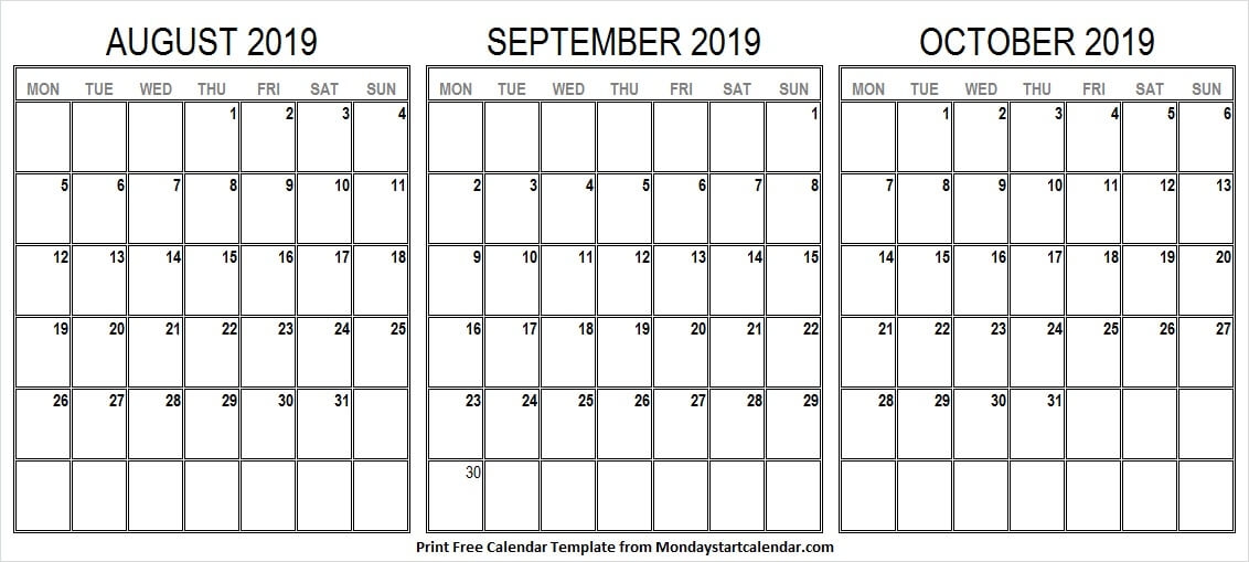 Black And White Calendar 2019 August September October Free 2019