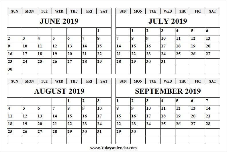 Black And White Calendar 2019 June July August September Pinterst