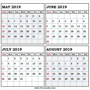 Black And White Calendar 2019 May June July August 2019 Calendar