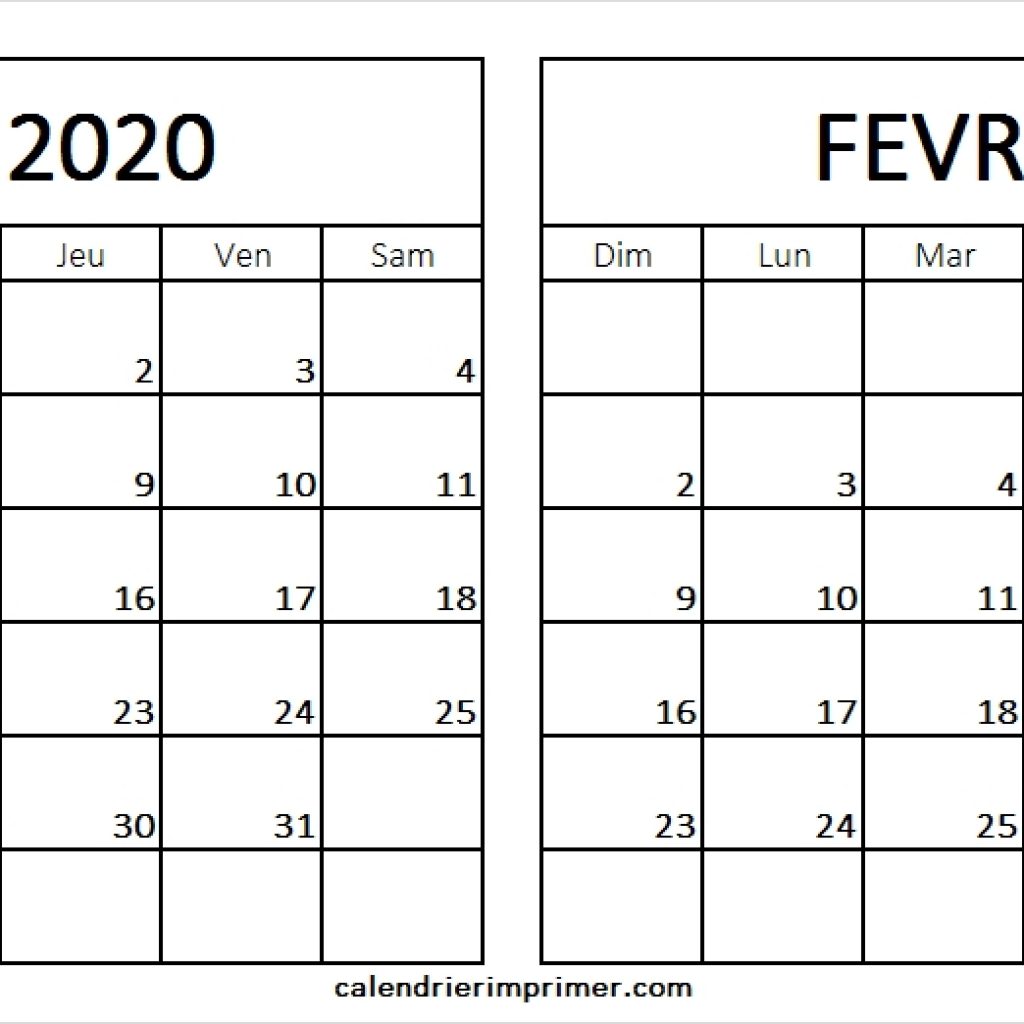 Blanc Modle Calendrier Janvier Fevrier 2020 Vacances Imprimer