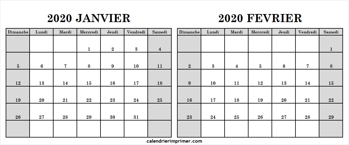 Blanc Modle Calendrier Janvier Fevrier 2020 Vacances Imprimer