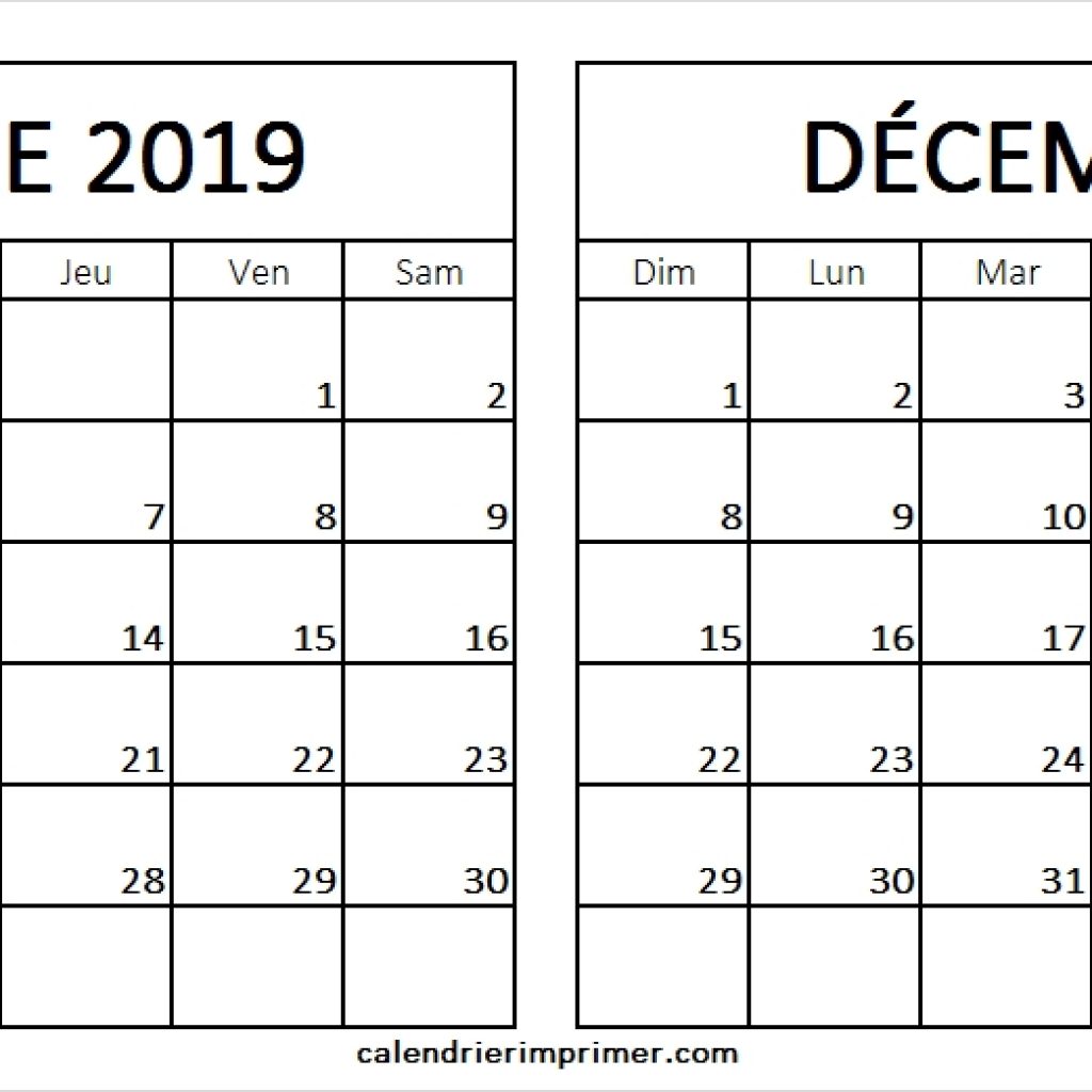 Blanc Modle Calendrier Novembre Dcembre 2019 Vacances Imprimer