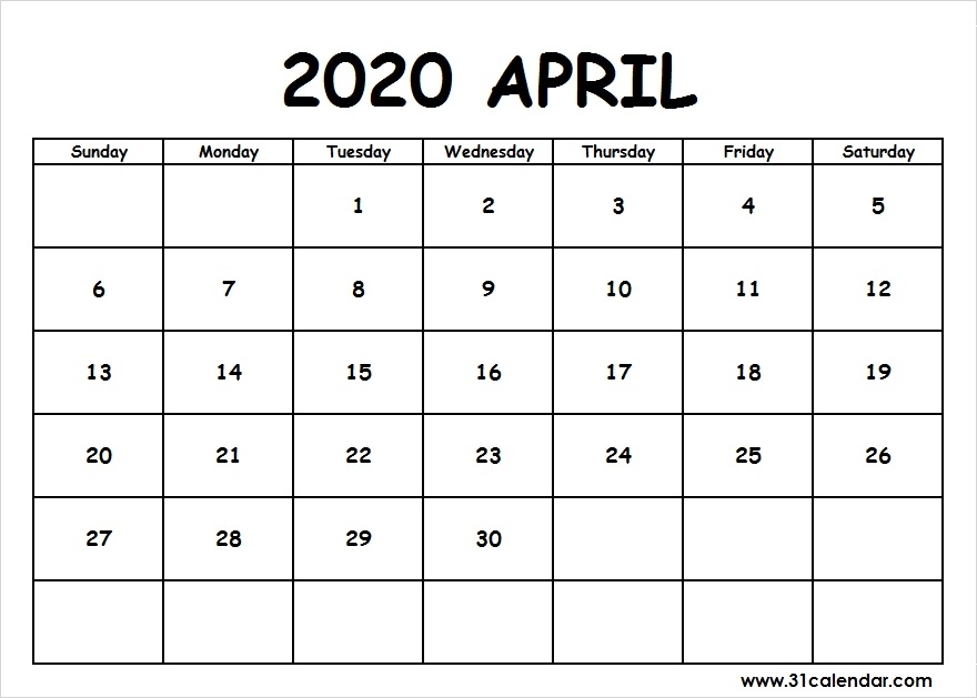 Blank April 2020 Printable Calendar Free Template 31 Calendar