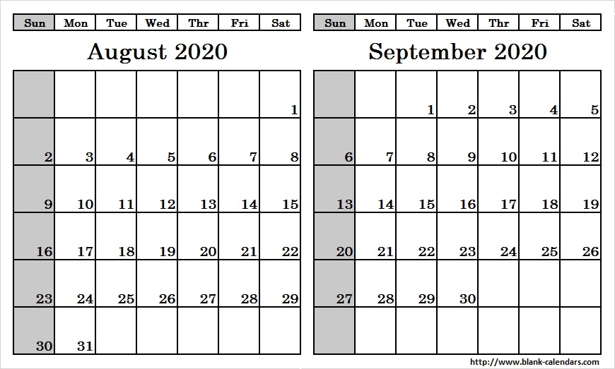 Blank August September 2020 Calendar Print Blank Calendar Template