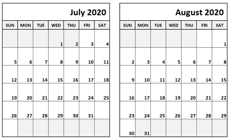 Blank July August 2020 Calendar Printable Template