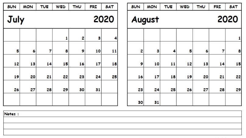 Blank July August 2020 Calendar Printable Template