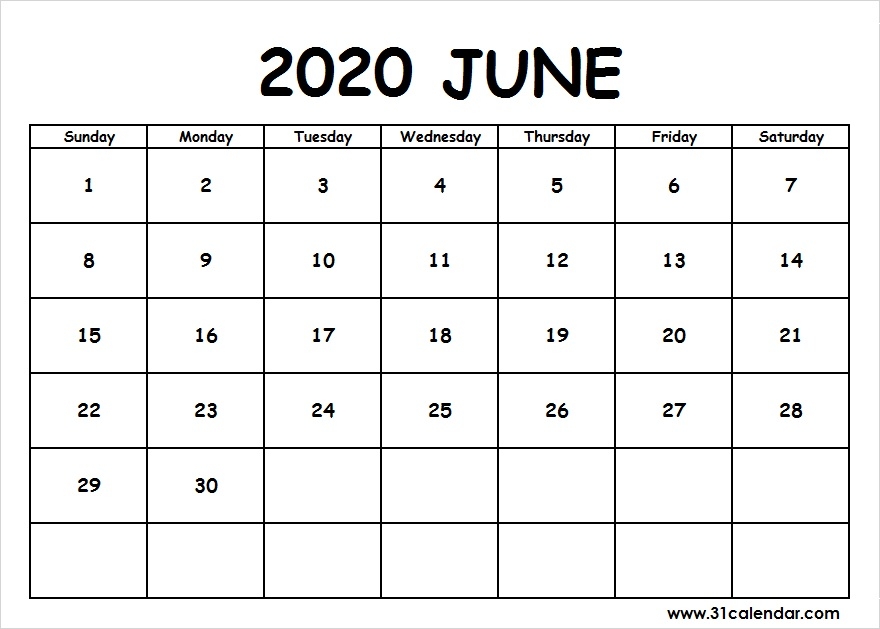 Blank June 2020 Printable Calendar Free Template 31 Calendar