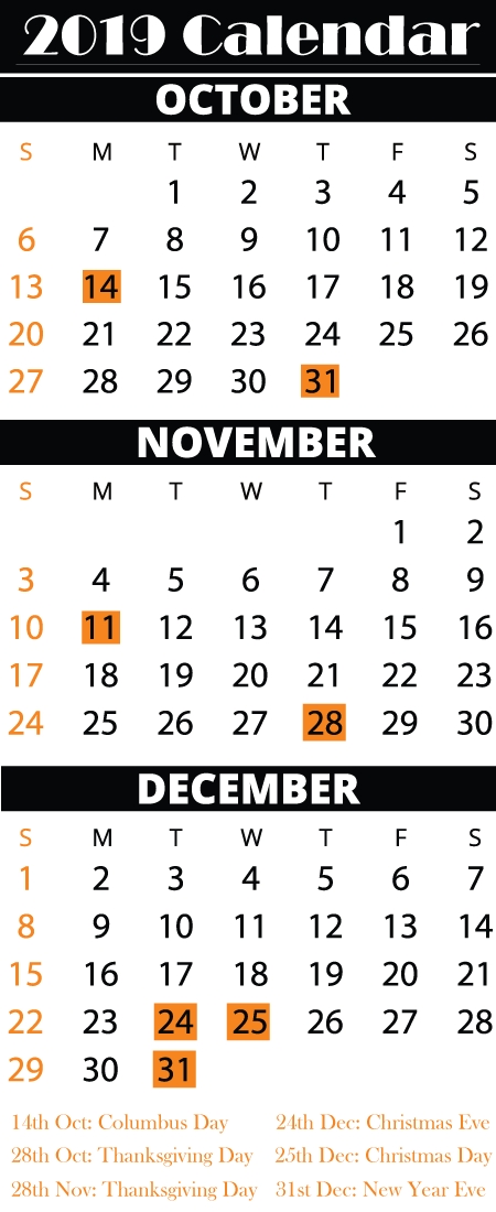 Blank October November December 2019 Printable Calendar