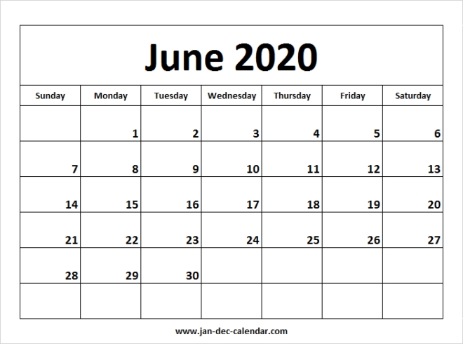 Blank Printable June Calendar 2020 Template Free