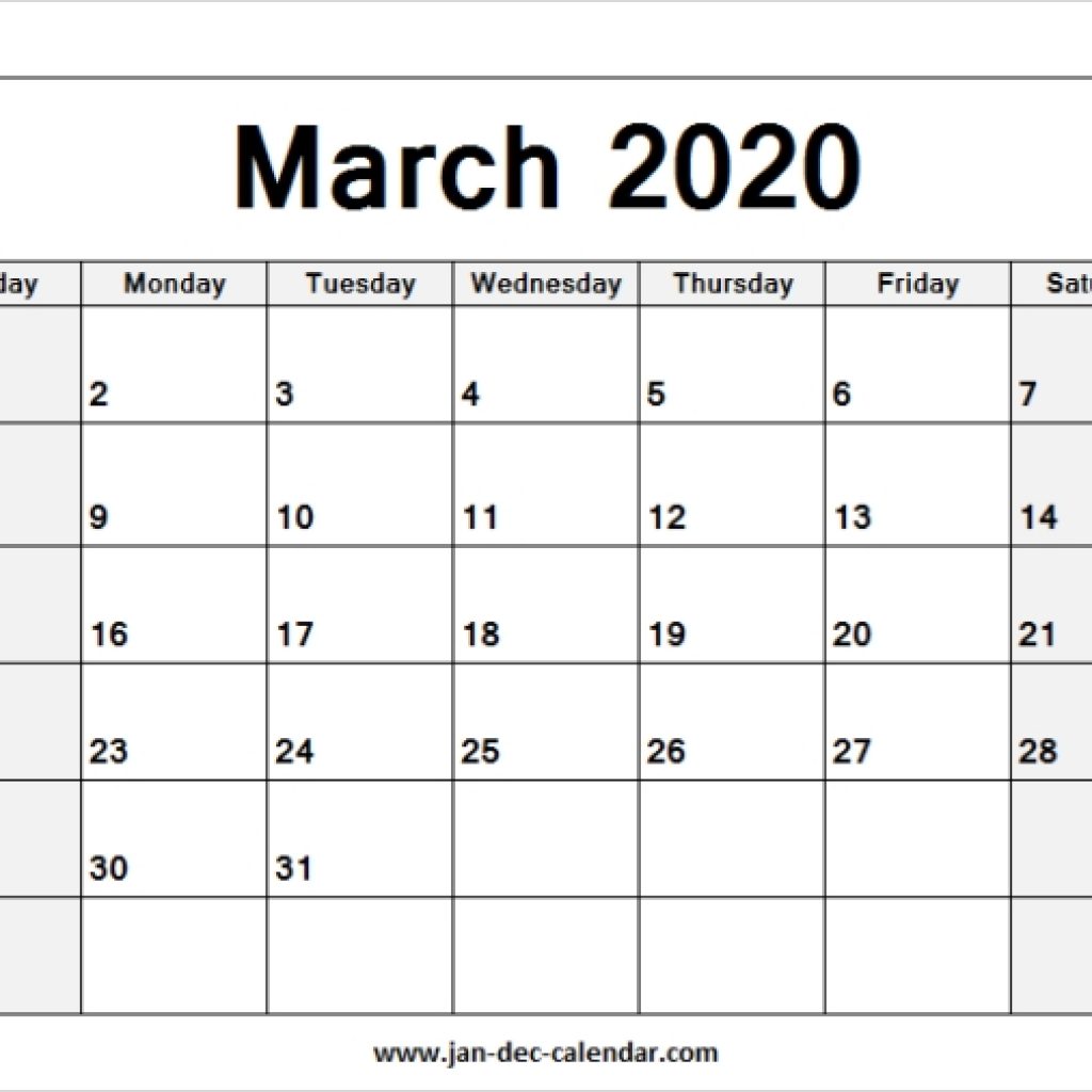 Blank Printable March Calendar 2020 Template Free