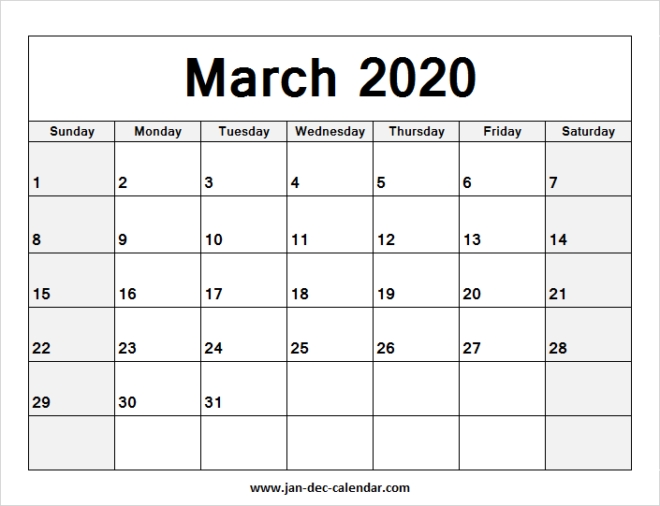 Blank Printable March Calendar 2020 Template Free