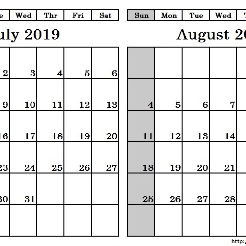 Blank Two Month July August 2019 Calendar Printable Template