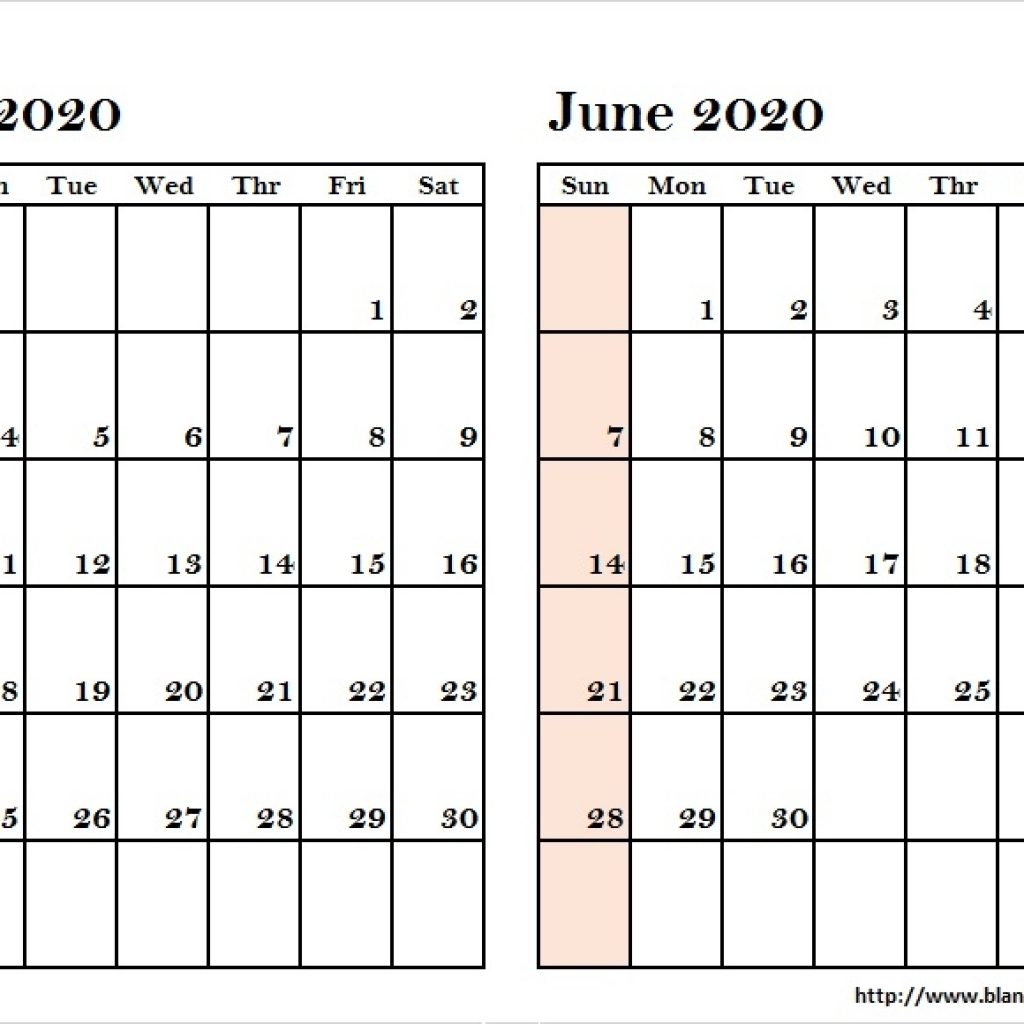 Blank Two Month May June 2020 Calendar Printable Template