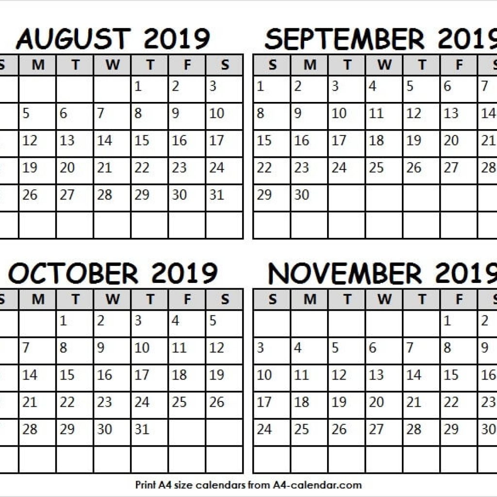 Calendar 2019 August September October And November Us A4 Calendar