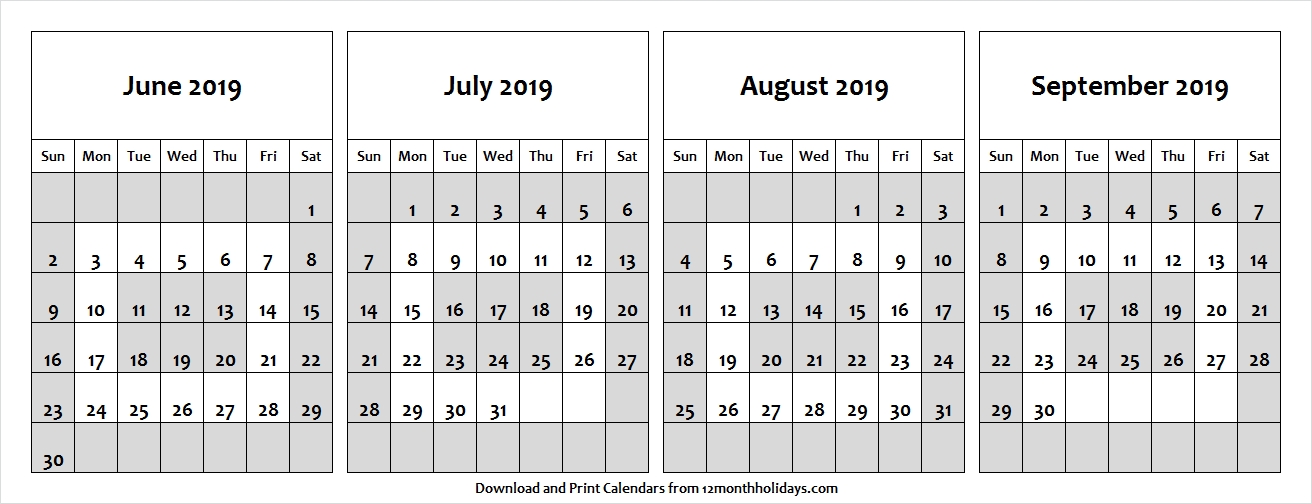 Calendar 2019 June July August And September Us All 12 Month